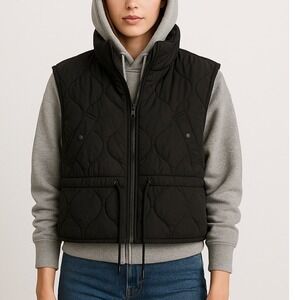 Zara Black Quilted‎ Puffer Vest Cropped Drawstring Waist